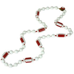 Vintage Miriam Haskell Chalk White and Cherry Red Necklace