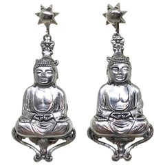 Mid-Century Silvertone Metal Buddha Dangling Screw-Back Earrings