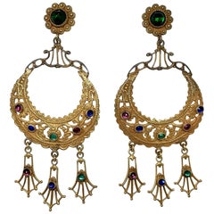 Antique Circa 1930 Ornate Jeweled Goldtone Renaissance Revival Dangling Earrings