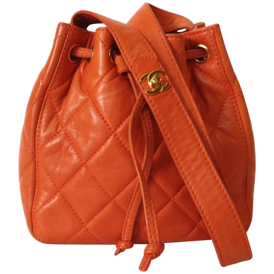 1990s Chanel Orange Quilted Leather Bucket Bag 