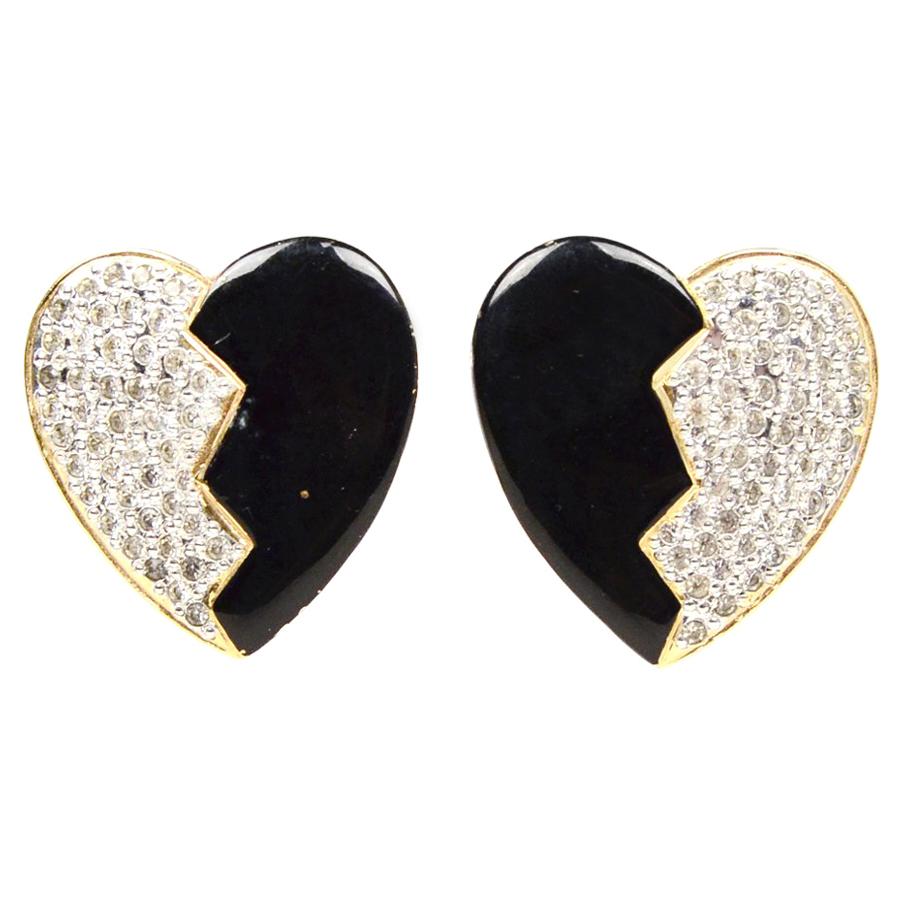 YSL Yves Saint Laurent Vintage Enamel/Crystal Heart Clip-On Earrings 
