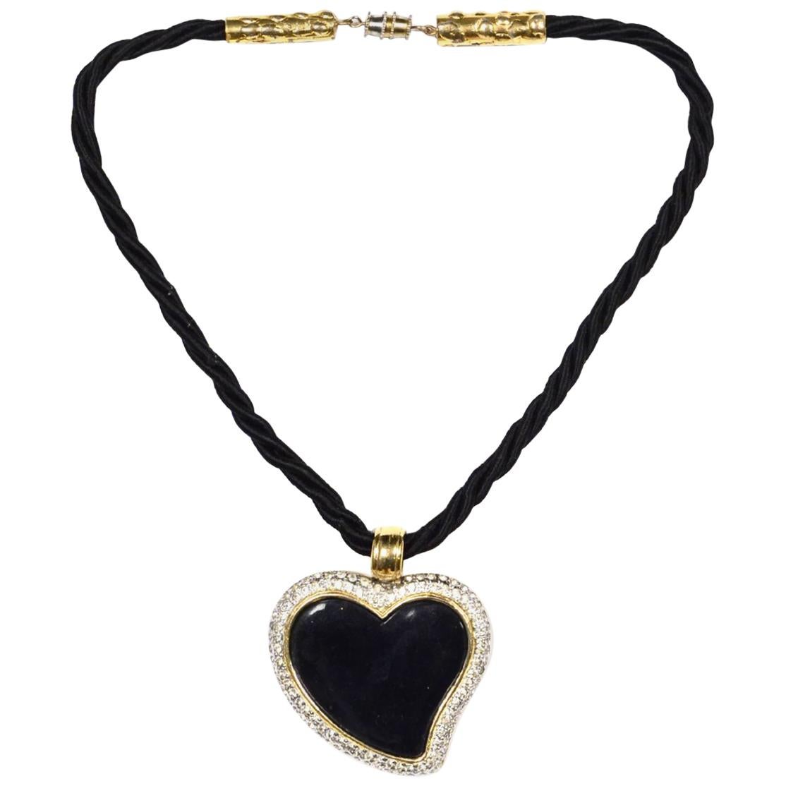 YSL Yves Saint Laurent Vintage Black Enamel Heart W/ Rhinestones Rope Necklace