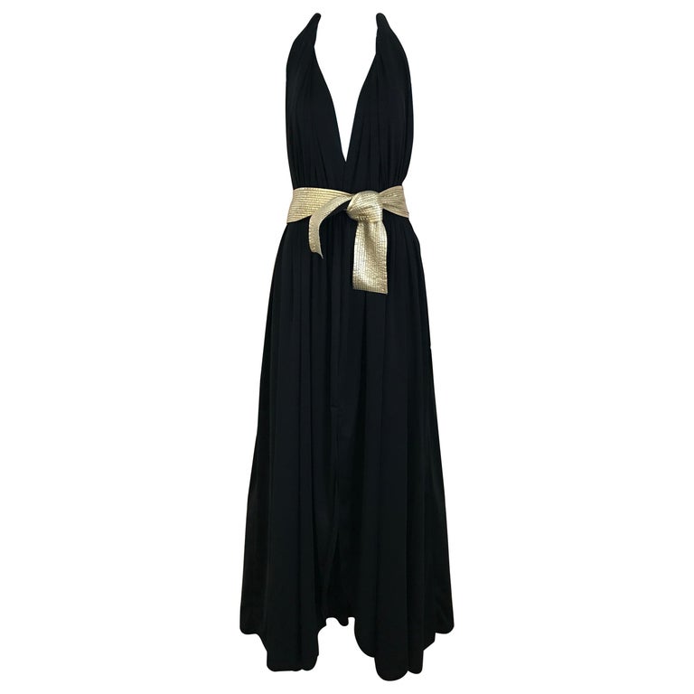 Easy to Wear 1980s Bill Tice Black Jersey Caftan Feel Dress w Gold Shoulder Detail Detail
