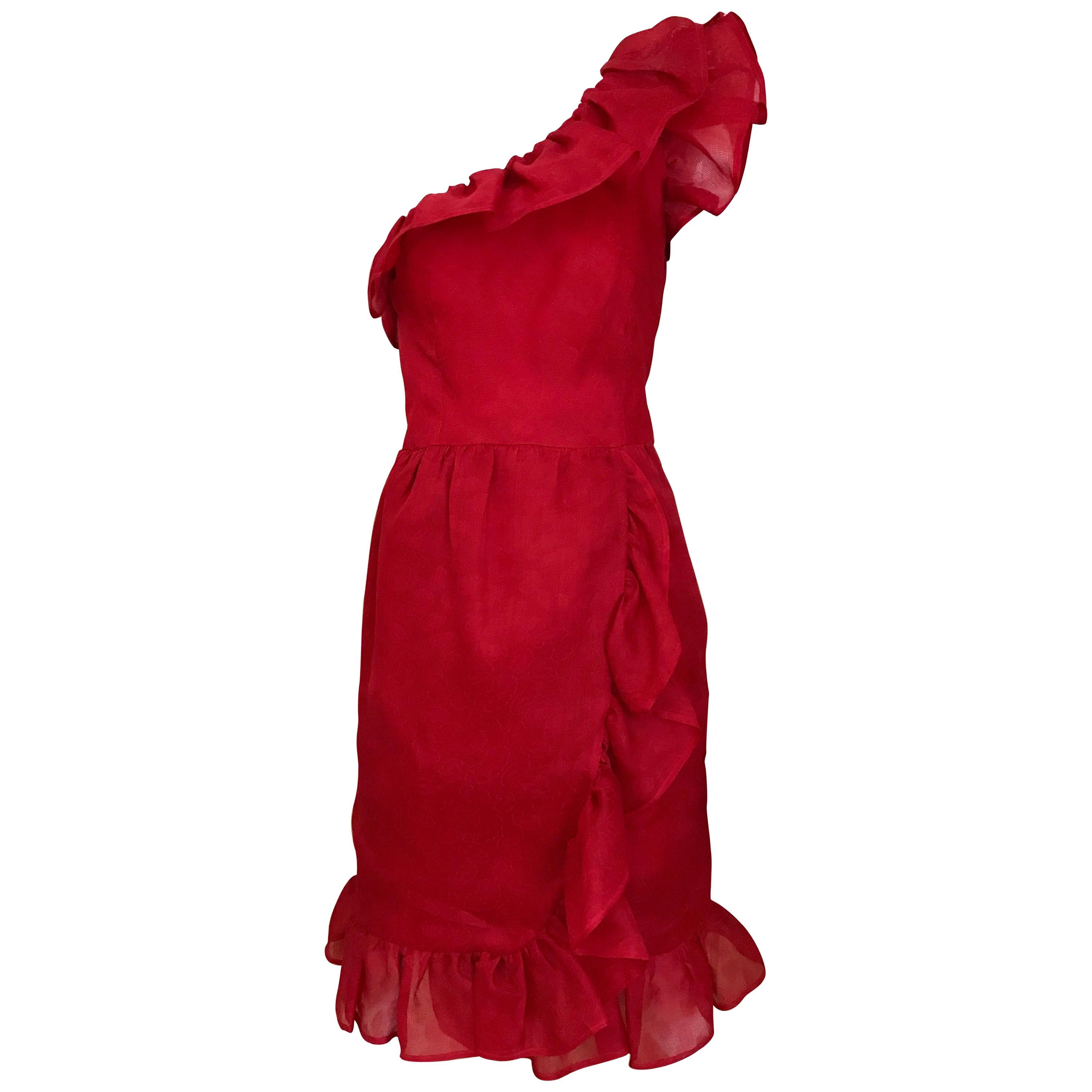 Vintage  Red Givenchy One Shoulder Ruffle Silk Cocktail Dress