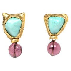 Robert Goossens Paris Goldtone Clip On Earrings W/ Turquoise & Purple Gripoix