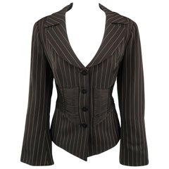 ARMANI COLLEZIONI Size 12 Black Pinstripe Fringe Corset Blazer Jacket