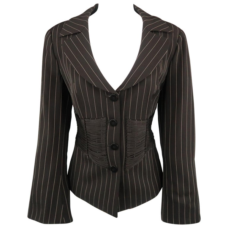ARMANI COLLEZIONI Size 12 Black Pinstripe Fringe Corset Blazer Jacket at  1stDibs | black armani pinstripe crombie coat
