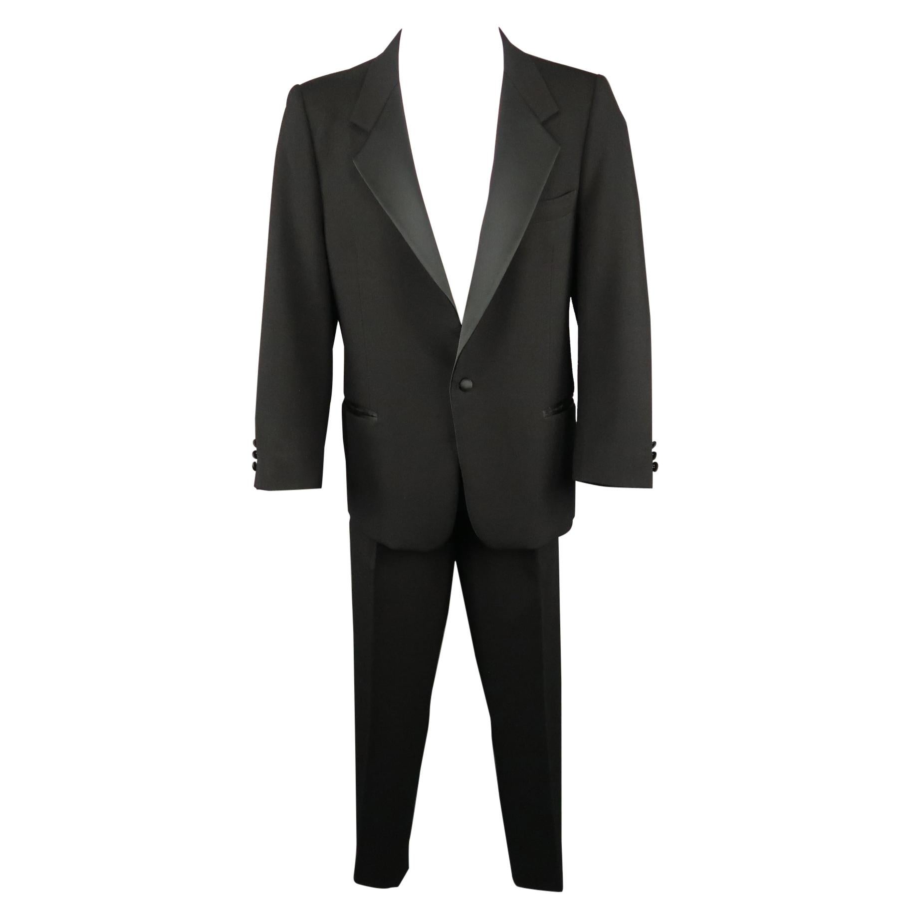 OSCAR DE LA RENTA 40 Black Wool Satin Notch Lapel Tuxedo Suit