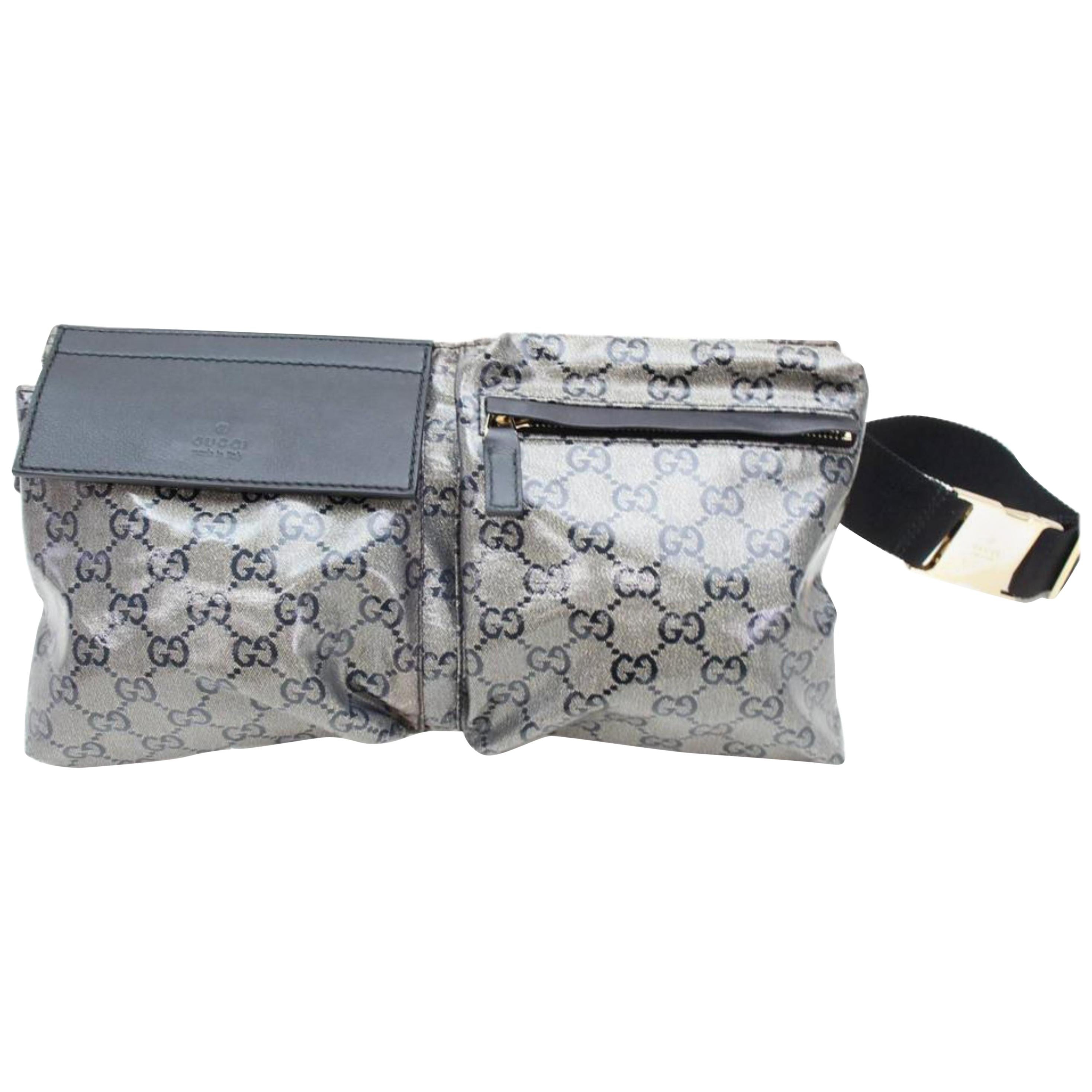 Gucci Crystal Monogram Belt Waist Pouch 867375 Grey Coated Canvas Cross Body Bag For Sale