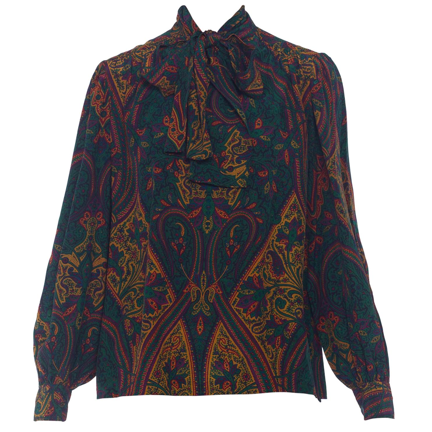 1970S YVES SAINT LAURENT Silk YSL Paisley Bow Neck Blouse For Sale