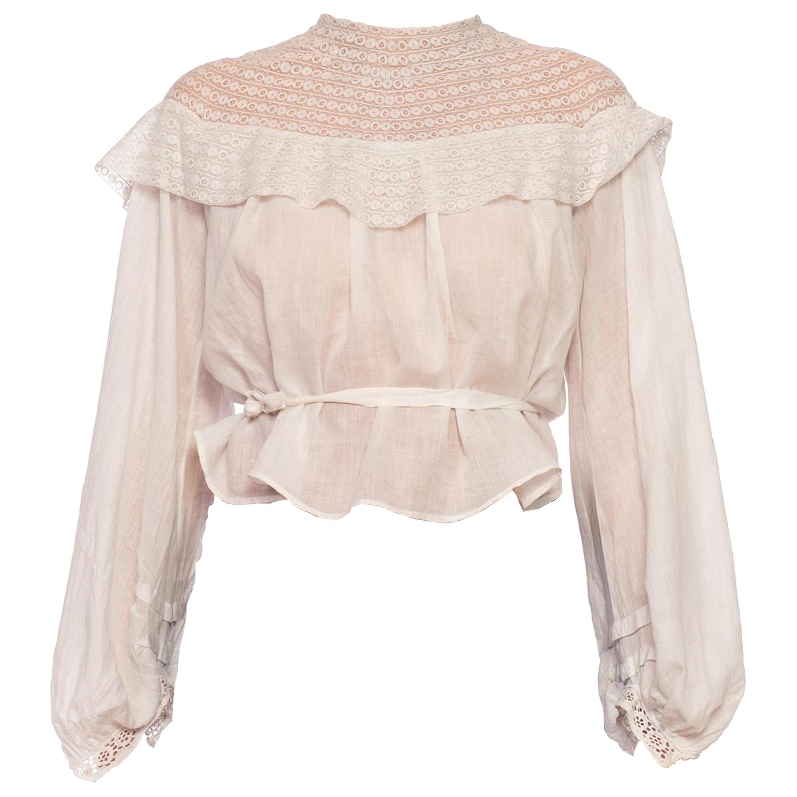 White Cotton Voile & Tape Lace Swan Neck Blouse With Bishop Sleeves