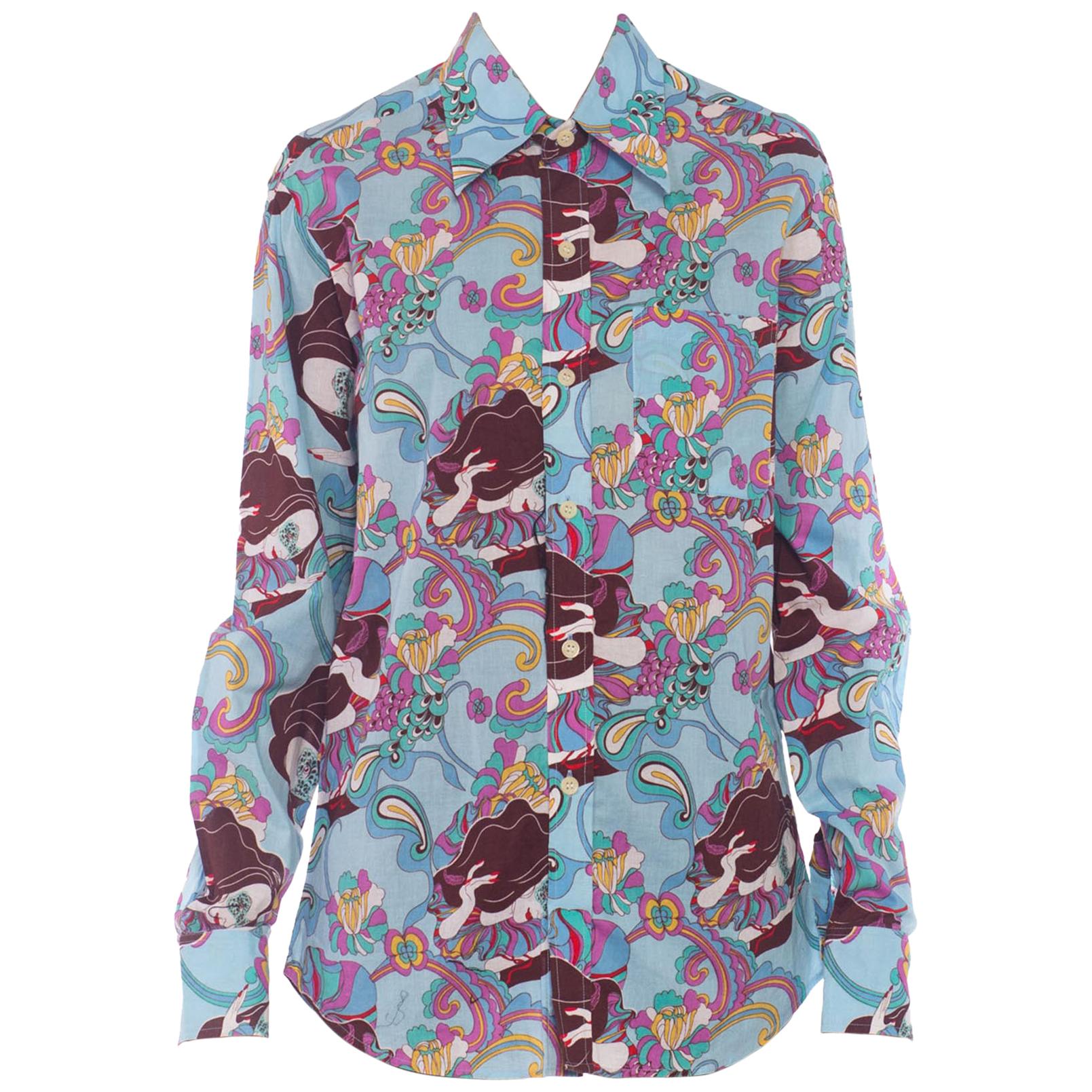 1970s Trippy Psychedelic Cotton Shirt with Masked Lady