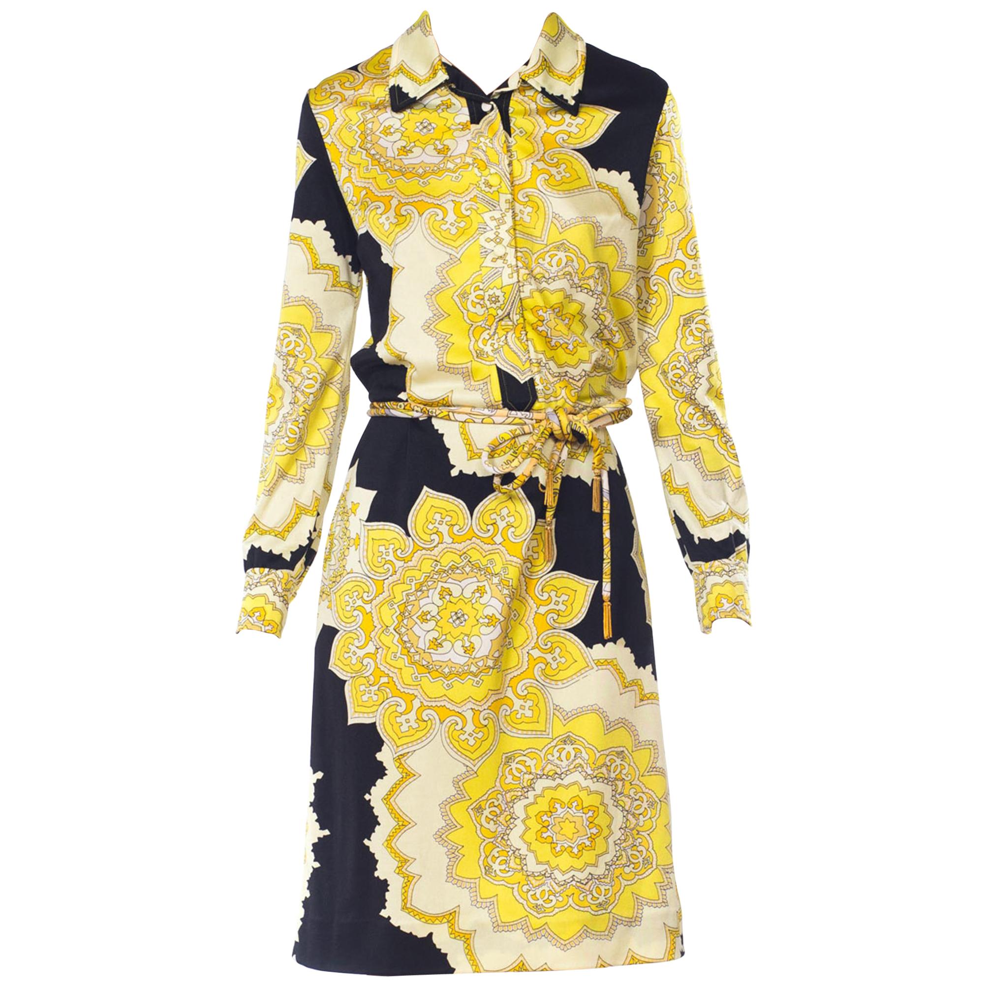 1960S LEONARD Yellow & Black Polyester Jersey Mod Printed Dress