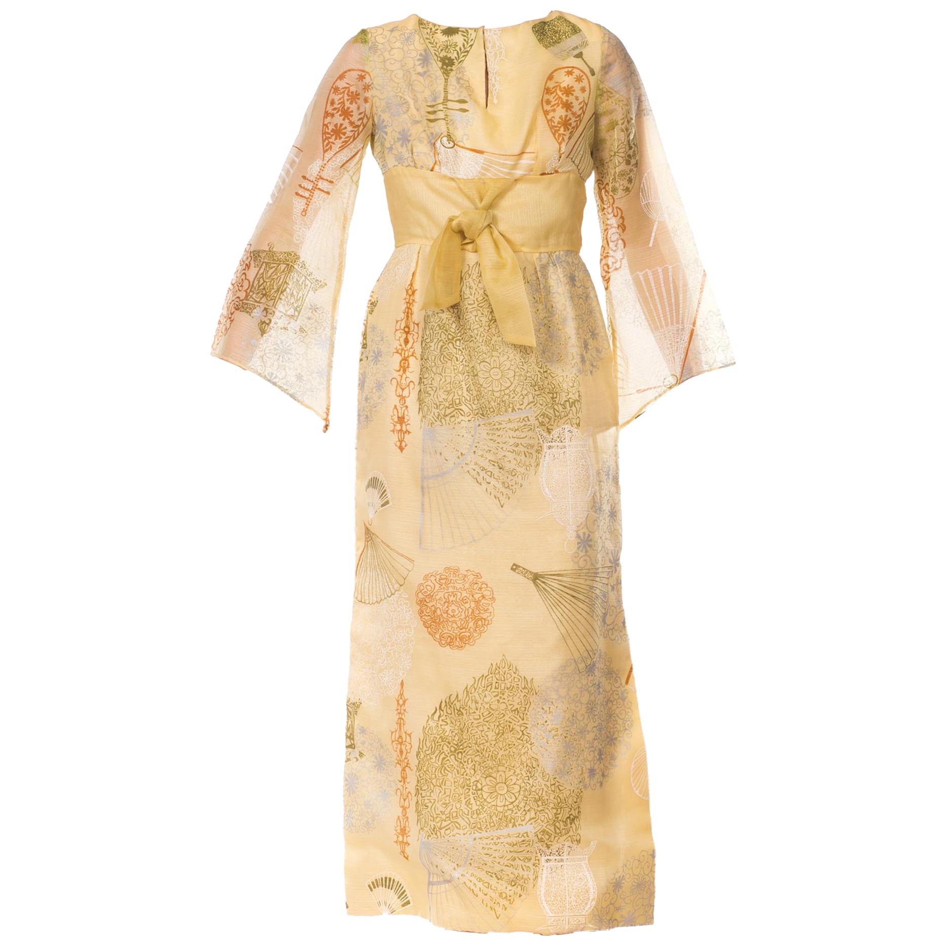1970S ALFRED SHAHEEN Yellow Asian Fan Printed Hawaiian Dress