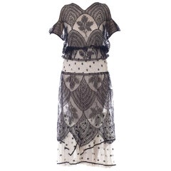 Edwardian Black & White Silk Cotton Embroidered Tulle Lace 1917 Early Art-Deco