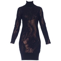 1990S JEAN PAUL GAULTIER Black Bronze Metallic Stretch Lace Dress