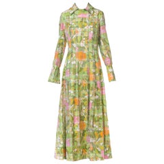Vintage 1960S Preppy Mod Floral Print Pleated Maxi Dress With Pink Crystal Buttons & Hi