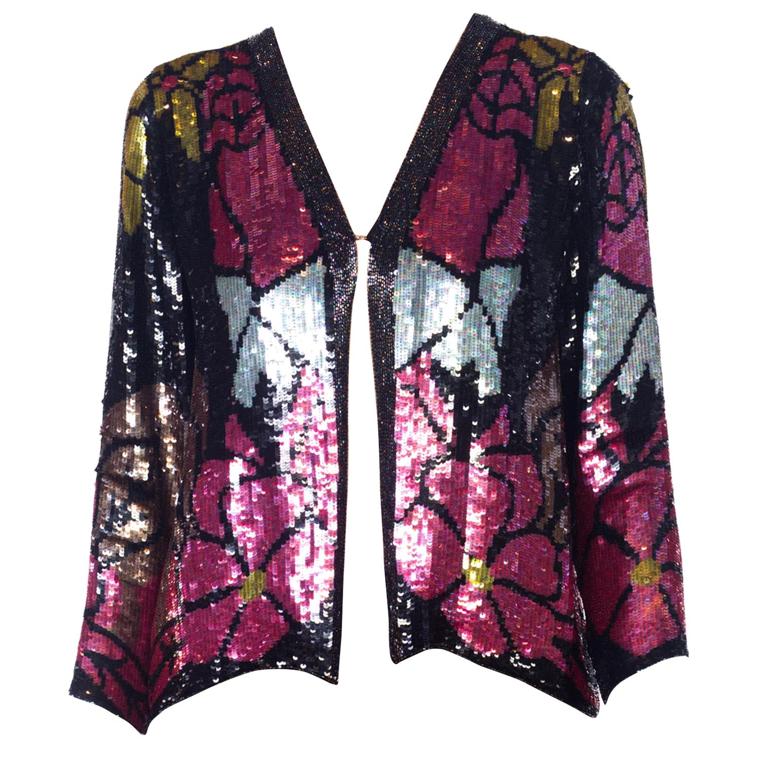 1970s Art Deco Floral Stained Glass Beaded Sequin Silk Jacket