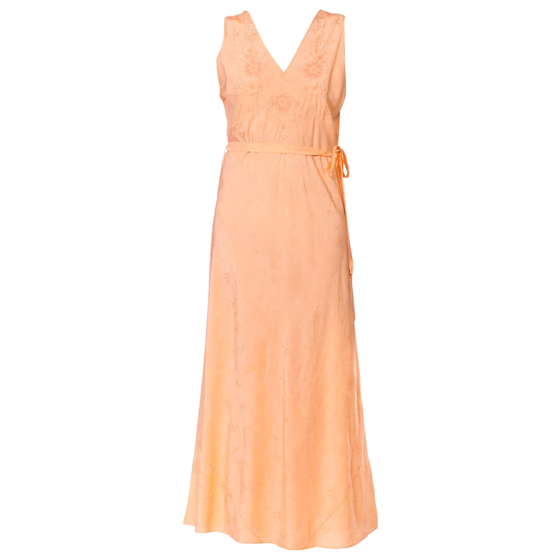 1940S Peach Floral Silk Jacquard Hand Embroidered Slip DressNegligee Bias Cut  For Sale