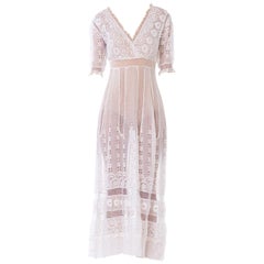 Edwardian Embroidered Organic White Cotton & Lace Tea Dress