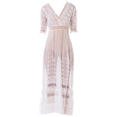 Retro Edwardian Embroidered Organic White Cotton & Lace Tea Dress