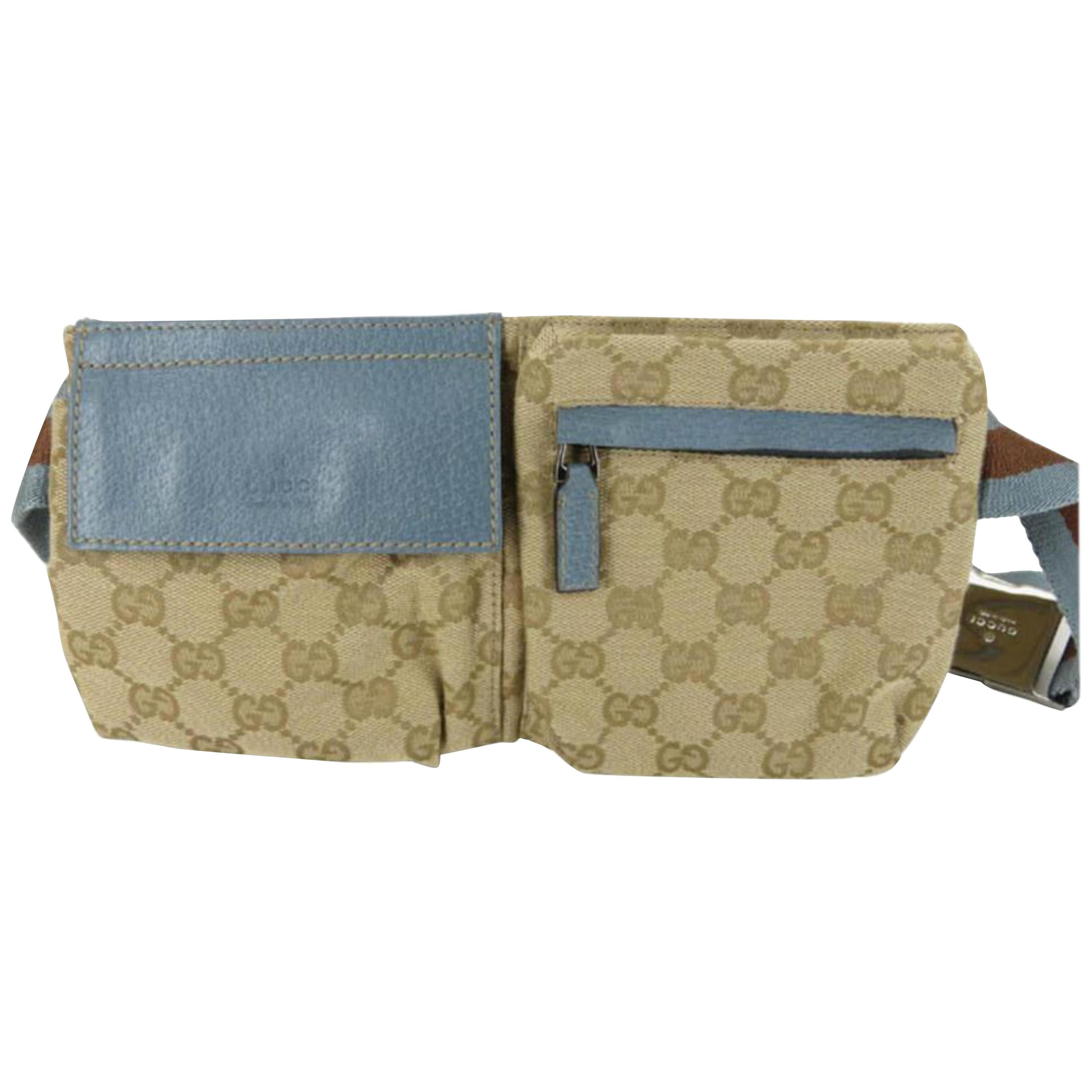 Gucci Blue Monogram Gg Fanny Pack Waist Pouch Belt 869510 Brown Coated Canvas Cr For Sale