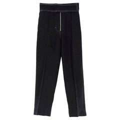 Celine Black Leather Trim Velcro Belted Silk-Noil Trousers US 0-2