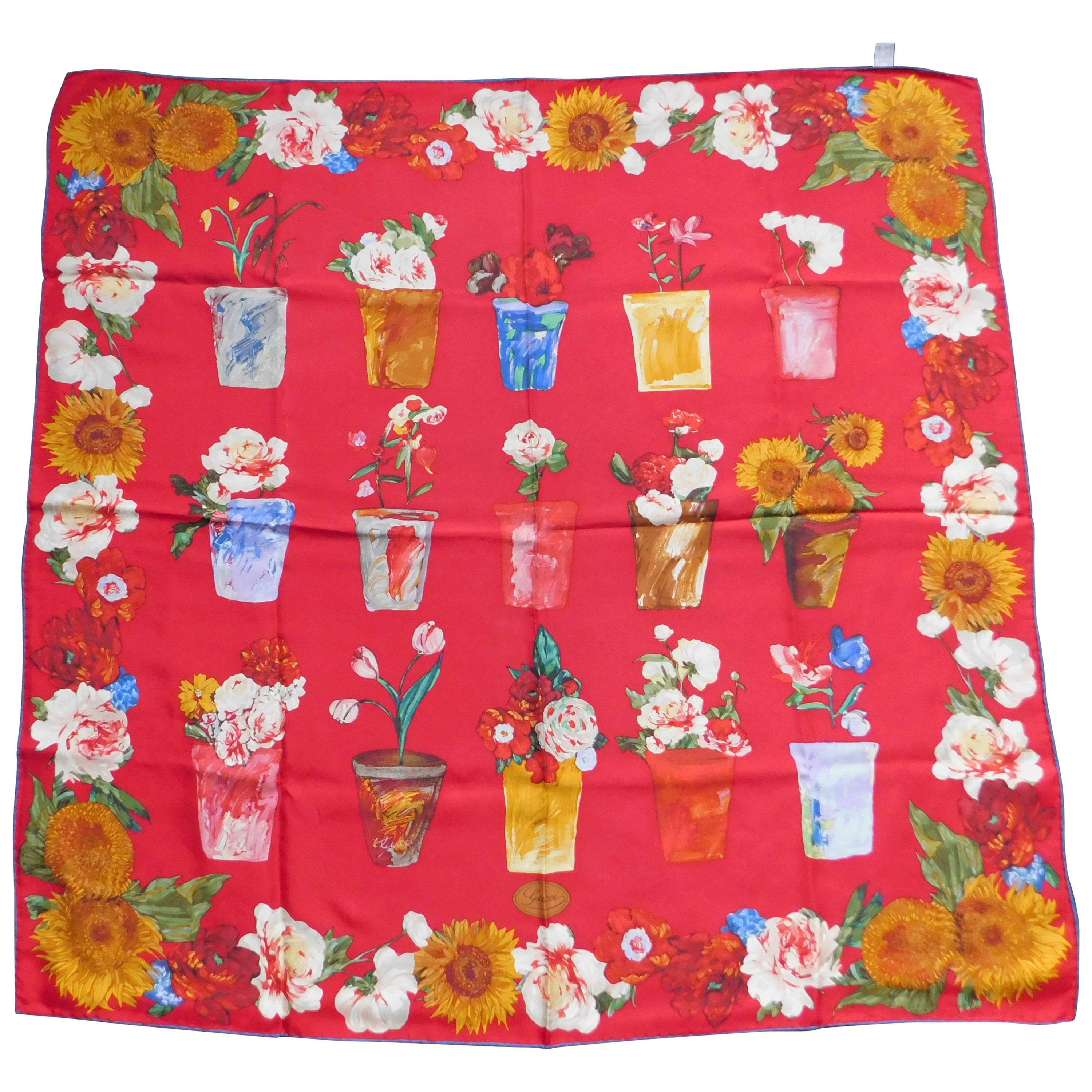 Gucci Red and Blue Scarf with Flowerpots and Van Gogh-esque Sunflowers, 1990  For Sale