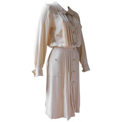 Chanel Champagne Silk Pleated Dress with Gold and Pearl Buttons