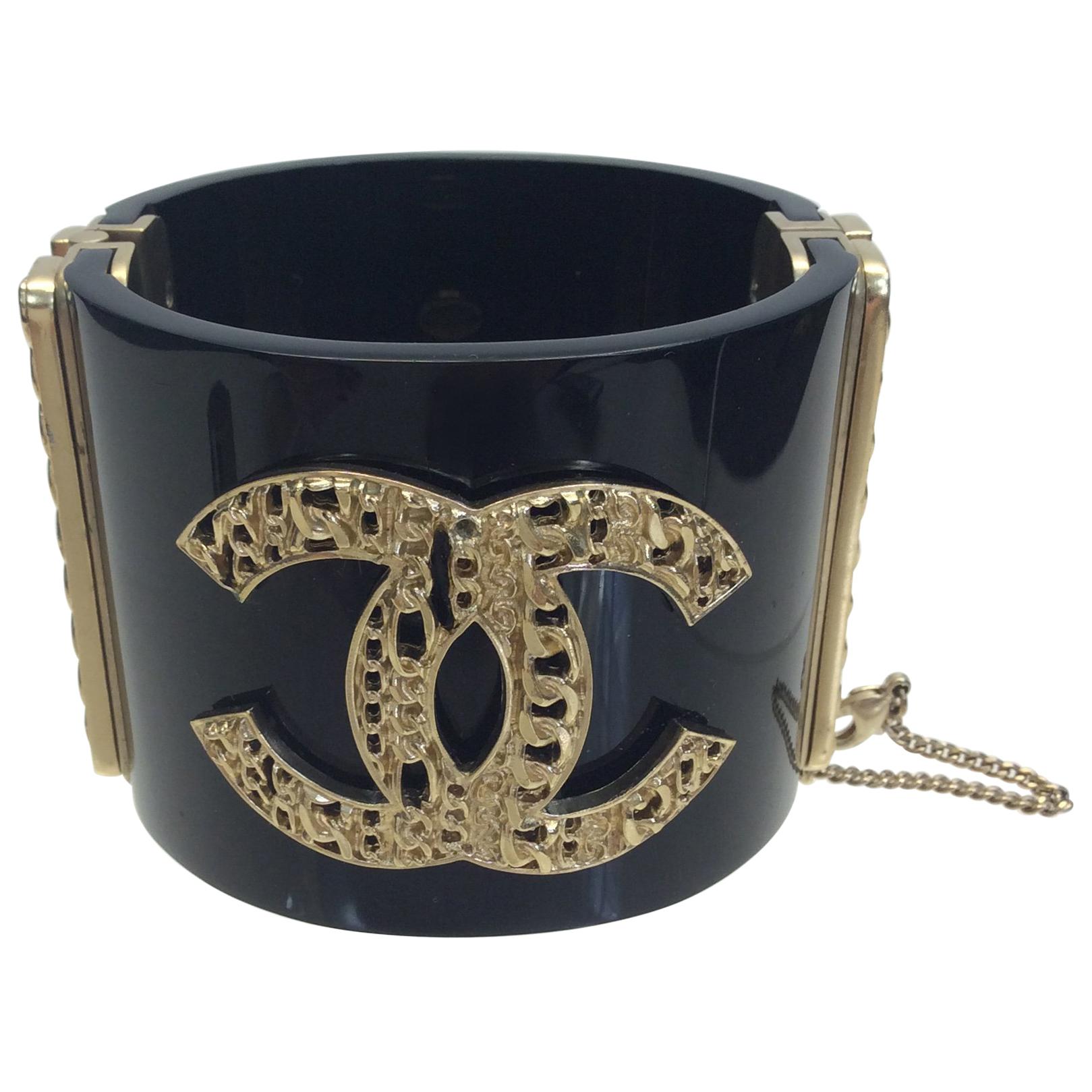 Chanel Black and Gold Lucite Cuff For Sale