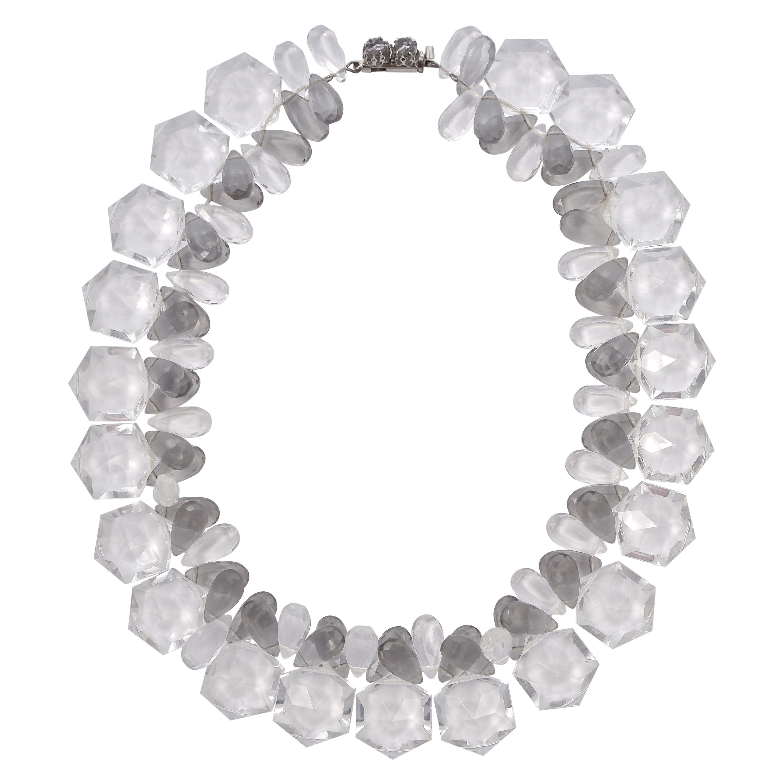 Clear and Grey Plastic Bead Necklace with a Silver Tone and Grey Clasp For Sale