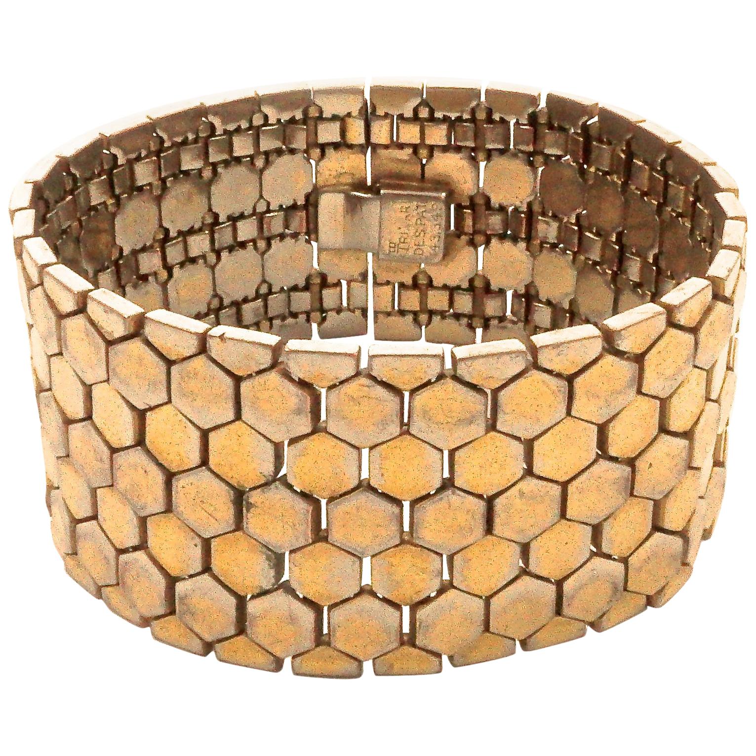 1940s Alfred Philippe Trifari Gold Plated Tessellated Honeycomb Wide Bracelet