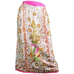 Vintage Hand Beaded & Sequinned Asian Silver and Pink Evening Skirt, 1960s
