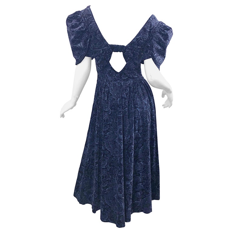 1980s Laura Ashley Size 6 Navy Blue Velvet Open Back Vintage 80s Midi Dress  For Sale