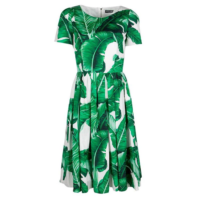 Dolce and Gabbana Green and White Banana Leaf Print Cotton Poplin Dress ...