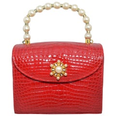 Lana Marks Red Alligator Purse with Pearl Handle