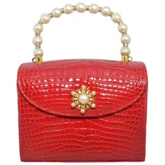 Retro Lana Marks Red Alligator Purse with Pearl Handle