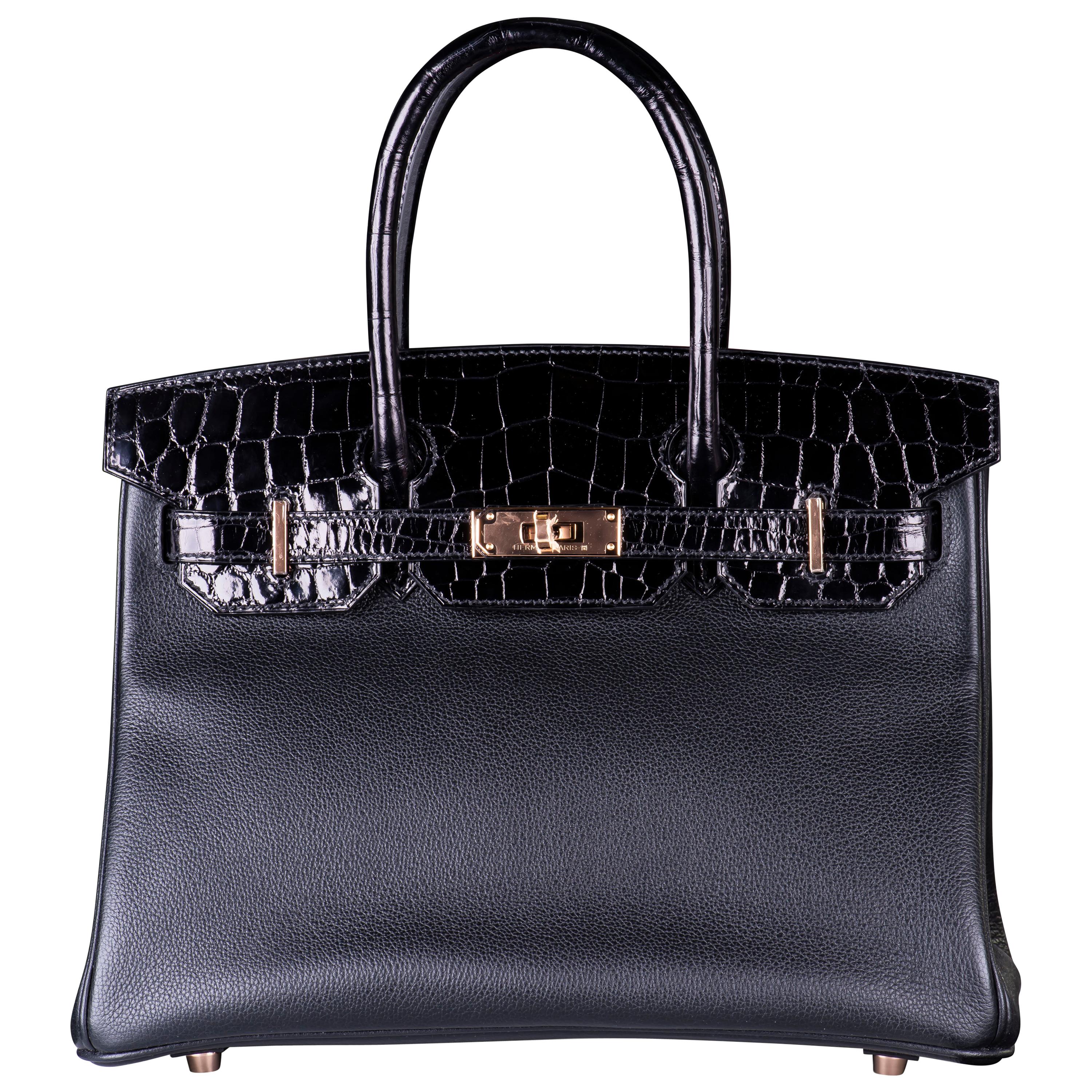 HERMES 30cm BLACK CROCODILE & CLEMENCE LEATHER WITH ROSE GOLD HARDWARE For Sale