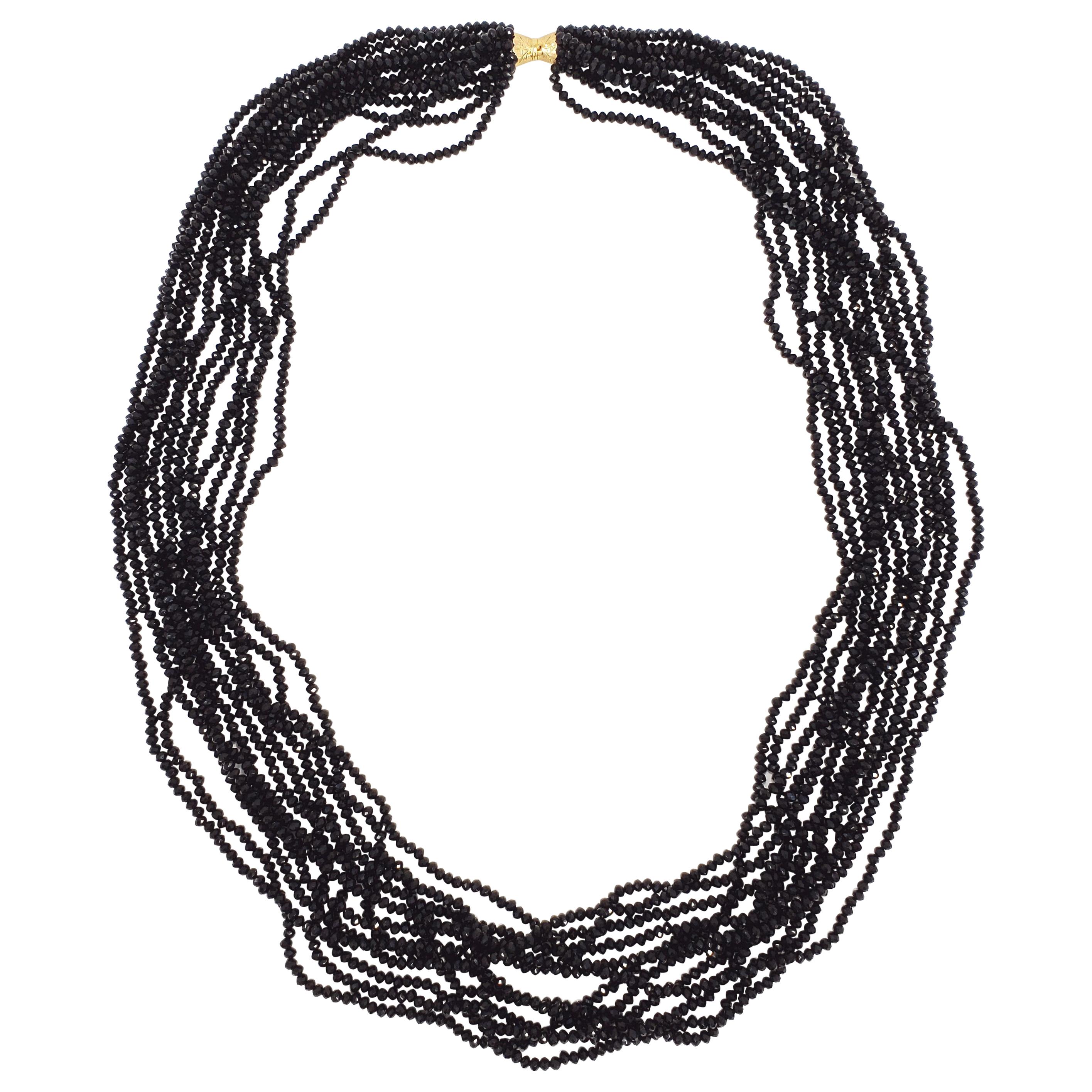 12 Strand Black Spinel Glass Bead Necklace with 14K Yellow Gold Clasp