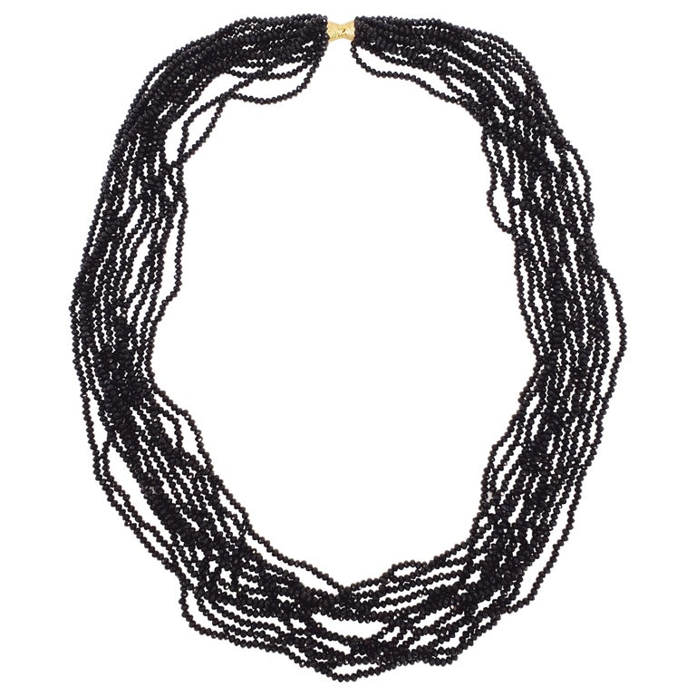 12 Strand Black Spinel Glass Bead Necklace with 14K Yellow Gold Clasp ...