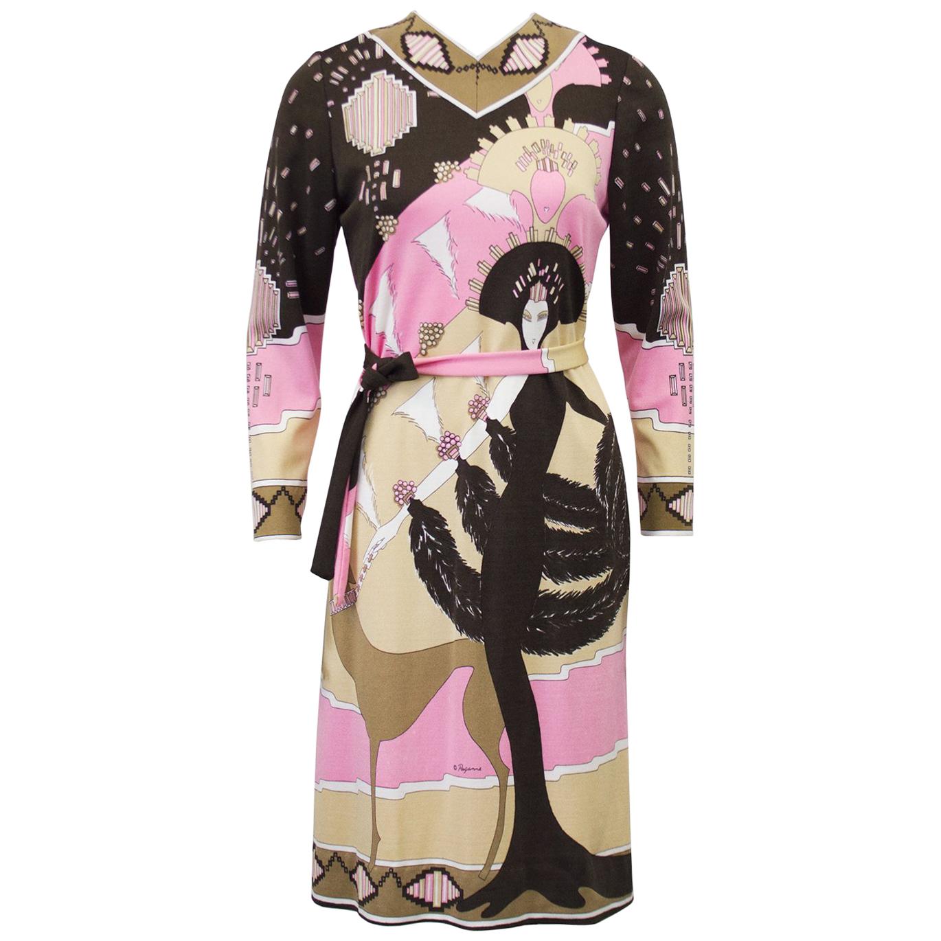 1970s Paganne Brown and Pink Printed Rayon Dress