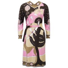 1970er Paganne Brown und Pink bedrucktes Viskosekleid