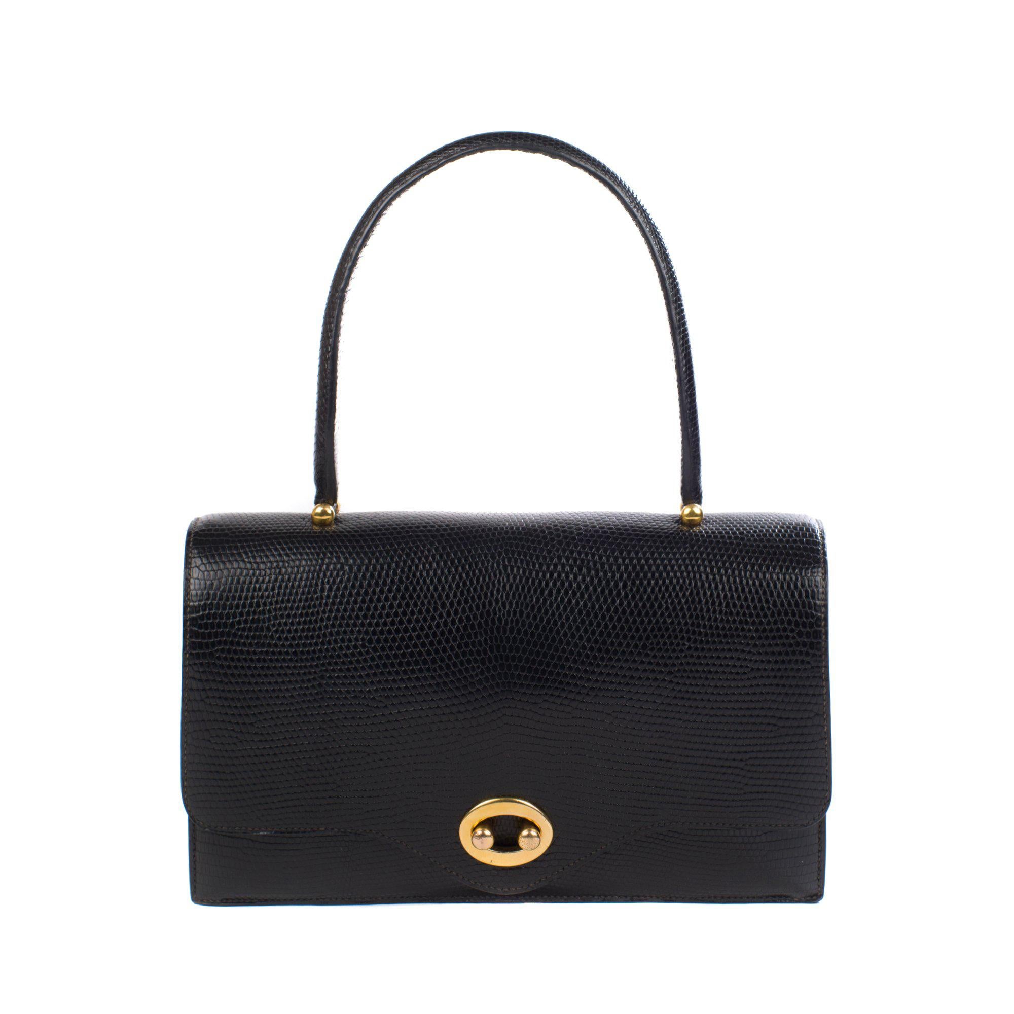 Hermes Boutonniere 26cm Black Lezard Handbag