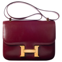 Retro Hermes Constance  Burgundy Box Leather Handbag