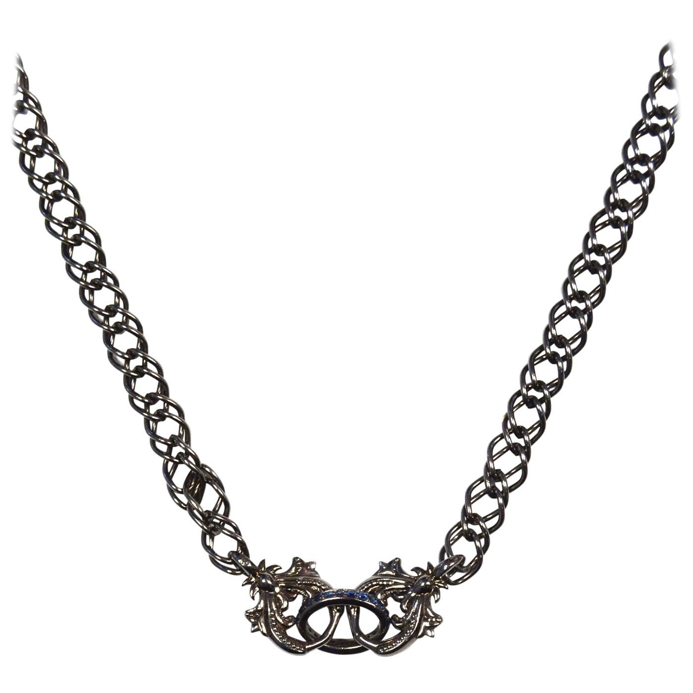 Stephen Webster Oxidized Sterling Silver Chain Link Necklace W/ Blue Sapphires 