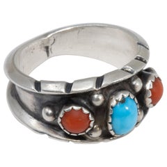 Vintage Native American Navajo Sterling Silver Ring with Turquoise and Coral Cabochons
