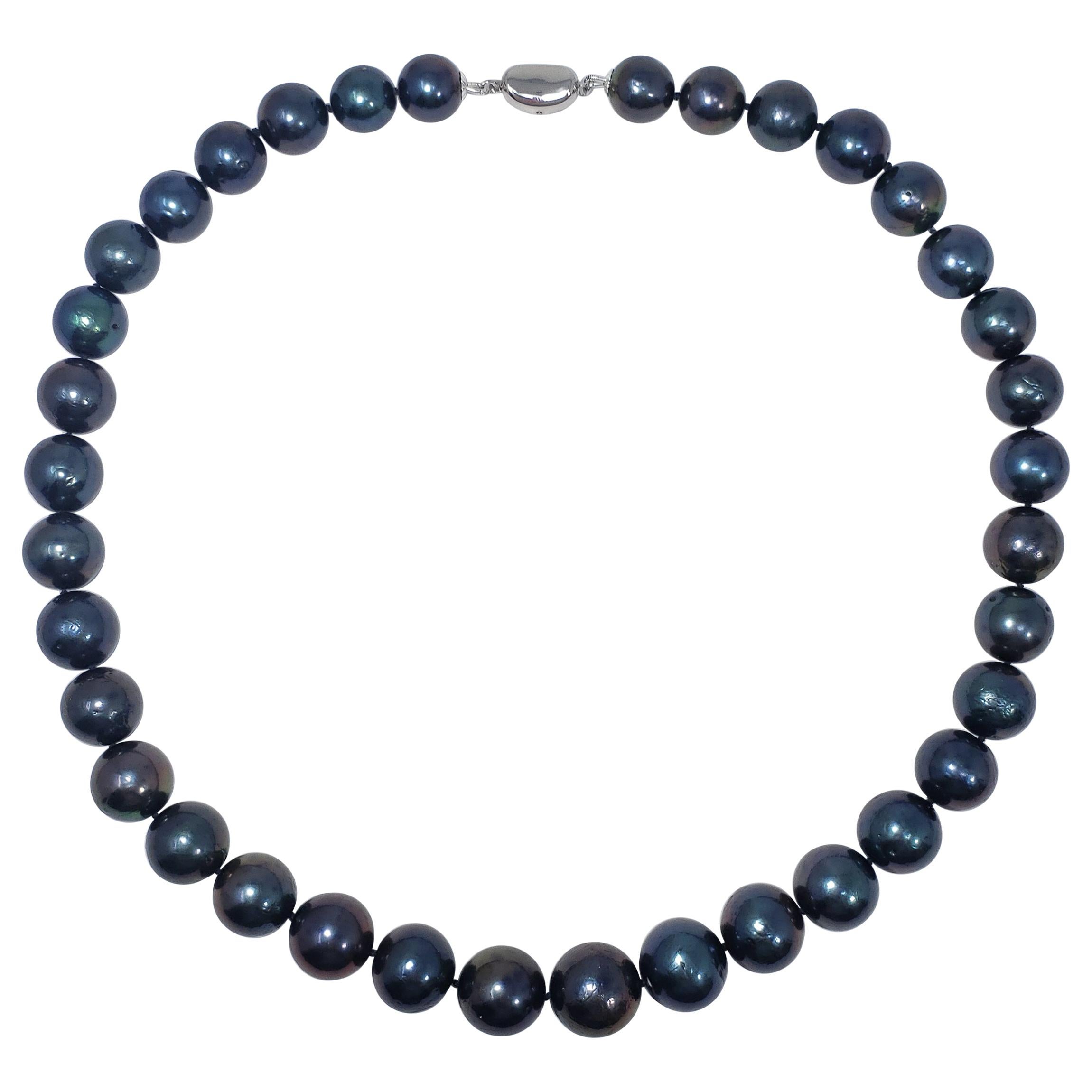 Blue-Green Tahitian Pearl Beaded Necklace with Sterling Silver Clasp, 52 cm Long