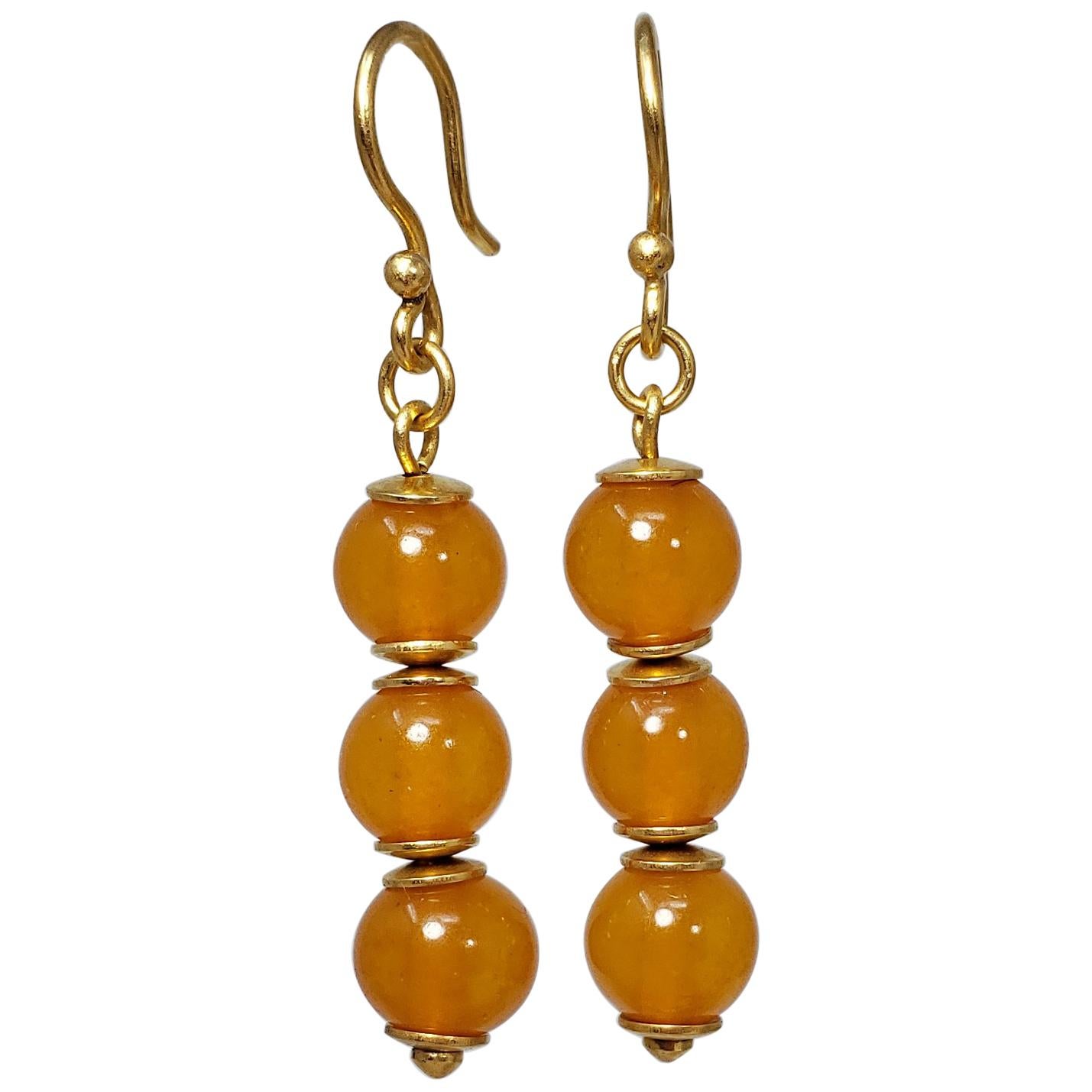 Russian Orange Baltic Amber Bead Dangling Earrings in Gold, Early to Mid 1900s