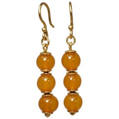 Vintage Russian Orange Baltic Amber Bead Dangling Earrings in Gold, Early to Mid 1900s