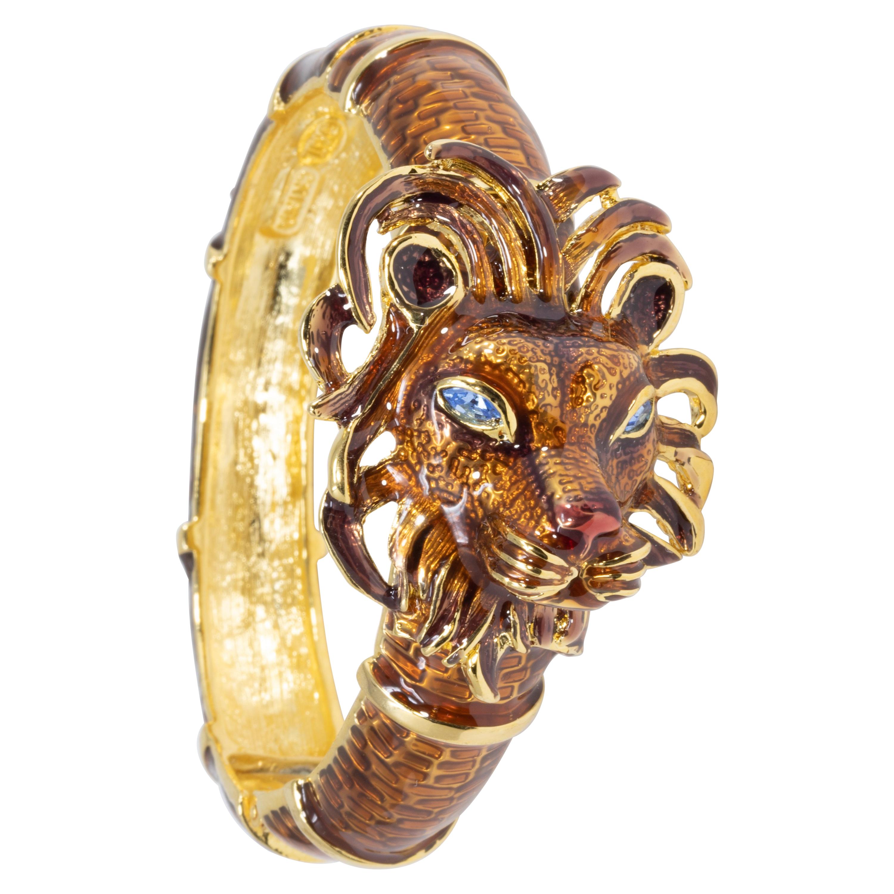 Kenneth Jay Lane KJL Lion Bracelet with Brown Enamel, Blue Crystals, in Gold